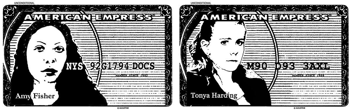 American Empress stencils of Amy Fisher and Tonya Harding by Karen Miranda Augustine