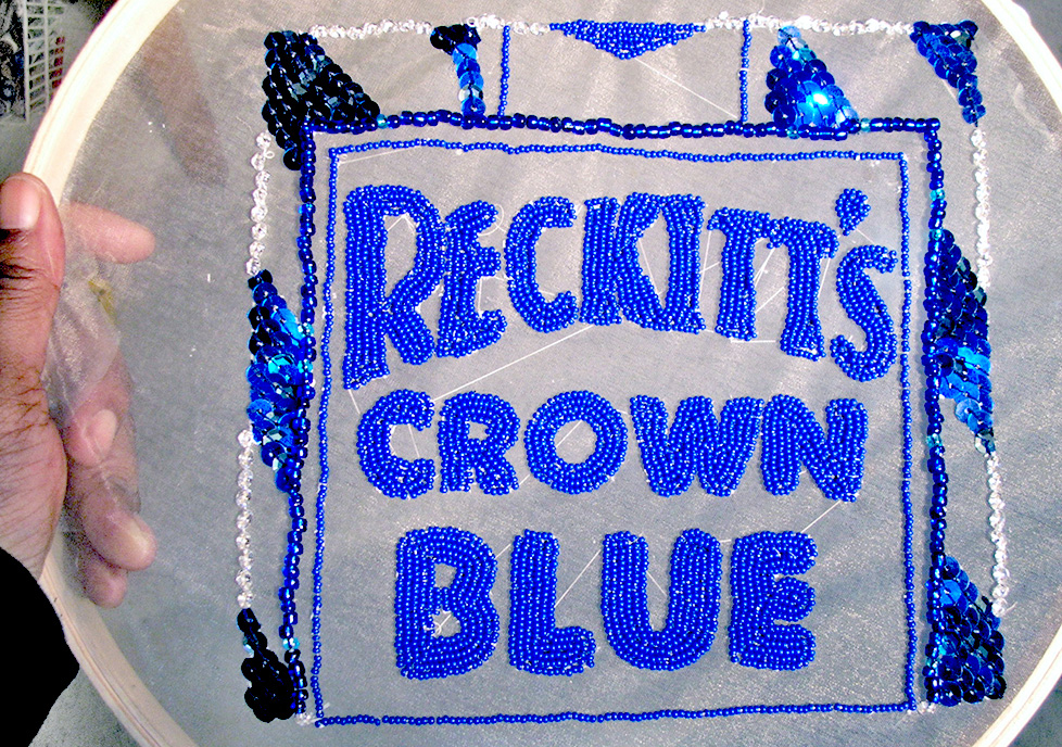 Reckitt's Crown Blue beadwork by Karen Miranda Augustine
