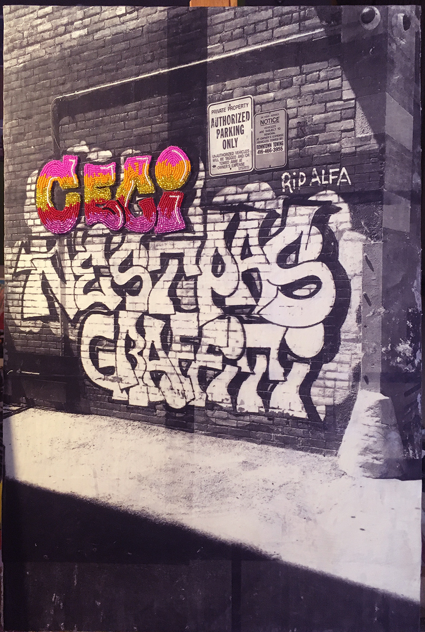 Beaded graffiti of the French word 'ceci' on photo transfer